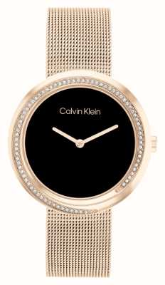 Calvin Klein Dames | zwarte wijzerplaat | roségoudkleurige mesh armband van roestvrij staal 25200151