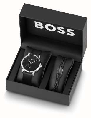 BOSS Mannen zelfvertrouwen | cadeauset | horloge met zwarte wijzerplaat en leren armband 1570145