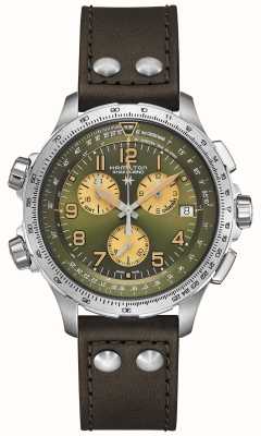 Hamilton Kaki luchtvaart x-wind gmt chronograaf quartz (46 mm) groene wijzerplaat / bruin lederen band H77932560