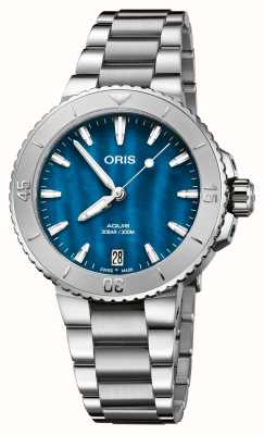 ORIS Aquis datum automatisch (36,5 mm) Egeïsch blauwe parelmoer wijzerplaat / roestvrijstalen armband 01 733 7770 4155-07 8 18 05P