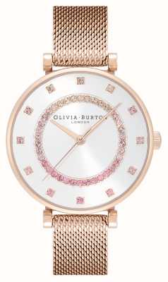 Olivia Burton Belgrave | zilveren wijzerplaat | kristallen set | rosé gouden stalen mesh armband 24000006