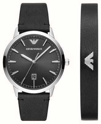 Emporio Armani Cadeauset voor heren | zwarte wijzerplaat | zwarte leren band | zwarte leren armband AR80064SET