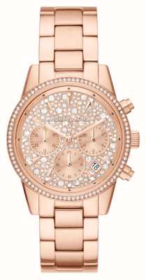 Michael Kors Ritz | kristallen chronograaf wijzerplaat | rosé gouden roestvrijstalen armband MK7302