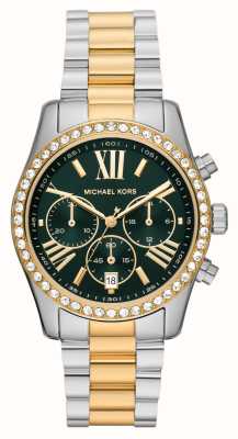 Michael Kors Lexington | groene chronograaf wijzerplaat | tweekleurige roestvrijstalen armband MK7303