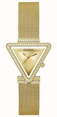 Guess Vrouwen roem | gouden driehoekige wijzerplaat | gouden stalen mesh armband GW0508L2