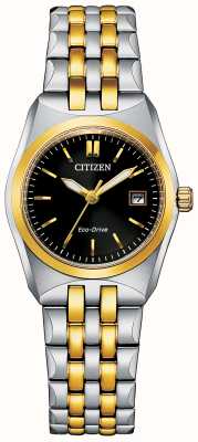 Citizen Dames eco-drive tweekleurige armband zwarte wijzerplaat EW2299-50E