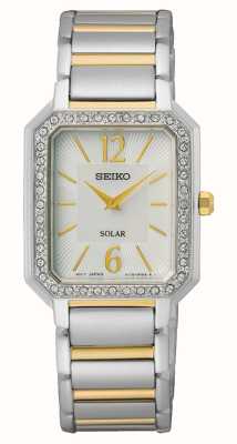 Seiko Dames | witte rechthoekige wijzerplaat | tweekleurige roestvrijstalen armband SUP466P1
