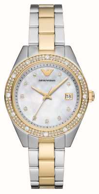 Emporio Armani Dames | parelmoer wijzerplaat | tweekleurige roestvrijstalen armband AR11520