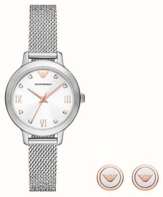 Emporio Armani Cadeauset voor dames | stalen gaas horloge | rosé goudkleurige oorbellen AR80065SET
