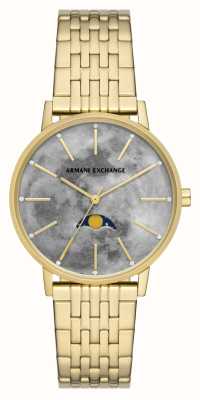 Armani Exchange Dames | grijze maanfase wijzerplaat | gouden roestvrijstalen armband AX5586