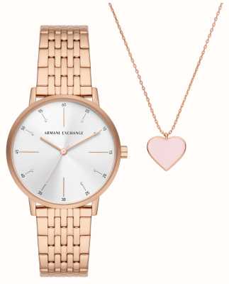 Armani Exchange Cadeauset voor dames | roségouden roestvrijstalen horloge | roze hart ketting AX7145SET