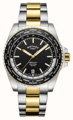 Rotary Henley | wereldtijd | zwarte wijzerplaat | tweekleurige armband GB05371/04