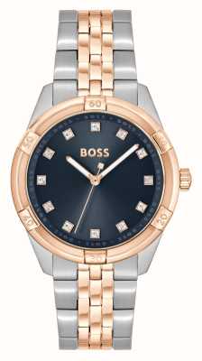 BOSS Dames rhea | blauwe wijzerplaat | tweekleurige roestvrijstalen armband 1502709