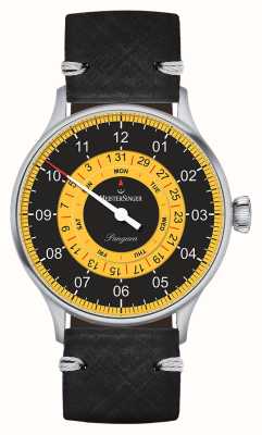 MeisterSinger Pangaea-dagdatum | zwarte en gele wijzerplaat | zwarte lederen band S-PDD9Z25