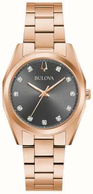 Bulova Dames diamantmeter | grijze diamanten wijzerplaat | roségoudkleurige roestvrijstalen armband 97P156
