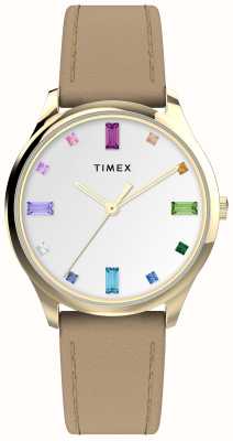 Timex Bruine leren damesriem met witte regenboogkristallen wijzerplaat TW2V76300
