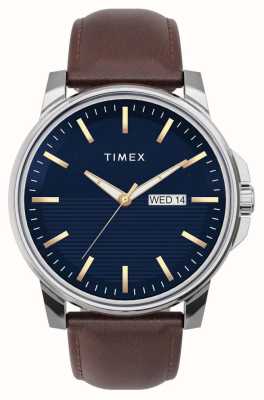 Timex Herenjurk blauwe wijzerplaat bruine leren band TW2V79200