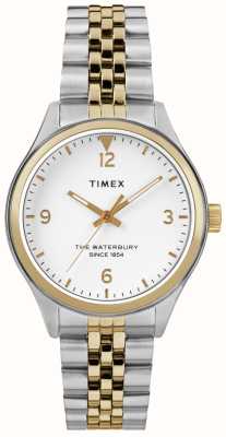 Timex Waterbury witte wijzerplaat / tweekleurige roestvrijstalen armband voor dames TW2R69500
