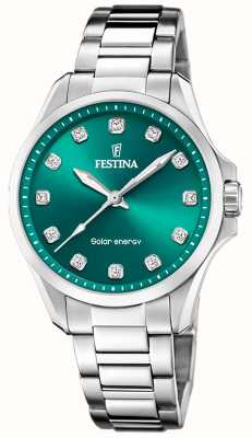 Festina Dames zonne-energie (34 mm) groene wijzerplaat / roestvrijstalen armband F20654/3