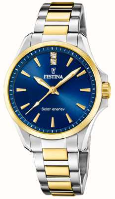 Festina Dames zonne-energie (34 mm) blauwe wijzerplaat / tweekleurige roestvrijstalen armband F20655/4