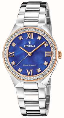 Festina Dames zonne-energie (35 mm) blauwe parelmoer / roestvrij stalen armband F20658/2