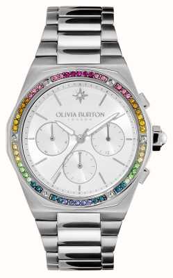 Olivia Burton Hexa multifunctionele zilveren wijzerplaat regenboogkristal / roestvrijstalen armband 24000101