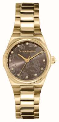 Olivia Burton Mini hexa (28 mm) bruine wijzerplaat / gouden roestvrijstalen armband 24000107