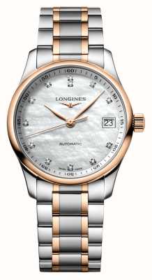 LONGINES Master dames automatische (34 mm) parelmoer diamanten wijzerplaat / tweekleurige roestvrijstalen armband L23575897