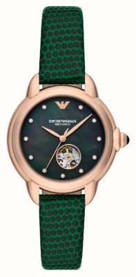 Emporio Armani Automatische dames (34 mm) zwarte parelmoeren wijzerplaat / groene leren band AR60073