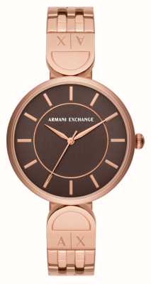 Armani Exchange Damesarmband met bruine wijzerplaat (38 mm) en roségoudkleurige roestvrijstalen armband AX5384