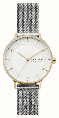 Skagen Riis (36 mm) witte wijzerplaat / roestvrijstalen mesh-armband SKW2912