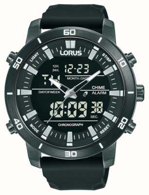 Lorus Quartz chronograaf met dubbel display, 100 m (46 mm) digitale wijzerplaat / zwarte siliconen RW661AX9