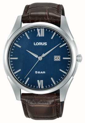Lorus Klassieke datum (42 mm) donkerblauwe haarlijn wijzerplaat / bruin leer RH993PX9