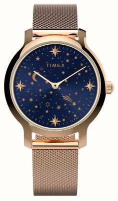 Timex Celestial transcend (31 mm) damesarmband met blauwe wijzerplaat en roségoudkleurige stalen mesh TW2W21400