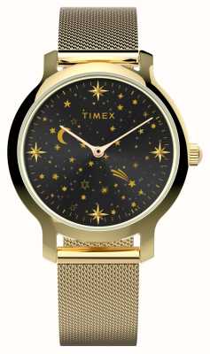 Timex Celestial transcend (31 mm) damesarmband met zwarte wijzerplaat en goudkleurige stalen mesh TW2W21500