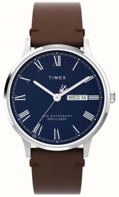 Timex Herenwaterbury (40 mm) blauwe wijzerplaat/bruine leren band TW2W14900