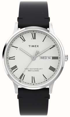 Timex Klassieke waterbury herenhorloge (40 mm) met witte wijzerplaat en zwarte leren band TW2W15000