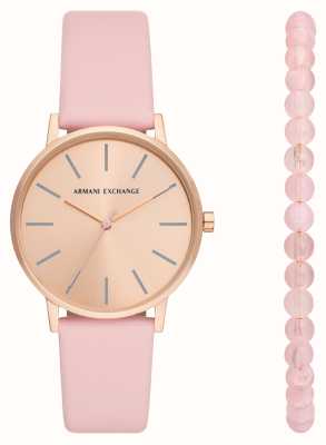 Armani Exchange Damescadeauset (36 mm) roségouden wijzerplaat / roze leren band met bijpassende armband AX7150SET
