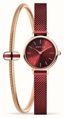 Bering Klassieke roségouden armband cadeauset (22 mm) rode sunray wijzerplaat / rood pvd roestvrijstalen gaas 11022-363-LOVELY-5-GWP190