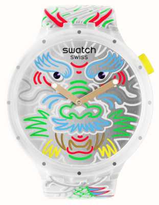 Swatch Draak in wolk (47 mm) wijzerplaat met zilveren patroon en siliconen band met patroon SB05Z102