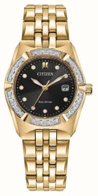 Citizen Damescorso eco-drive (28 mm) zwarte wijzerplaat / goudkleurige roestvrijstalen armband EW2712-55E