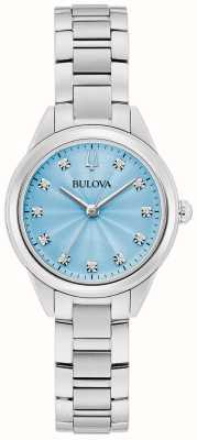 Bulova Sutton diamantkwarts (28 mm) pastelblauwe wijzerplaat / roestvrijstalen armband 96P250
