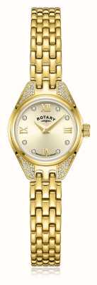 Rotary Traditionele diamanten kwarts (20 mm) champagnekleurige wijzerplaat / gouden pvd roestvrijstalen armband LB05143/09/D