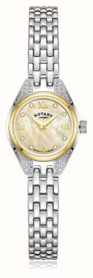 Rotary Traditionele diamanten kwarts (20 mm) champagne parelmoer wijzerplaat / roestvrijstalen armband LB05141/94/D