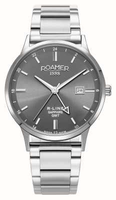 Roamer R-line gmt (43 mm) grijze wijzerplaat / verwisselbare roestvrijstalen armband en zwart lederen band 990987 41 55 05
