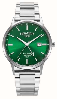 Roamer R-line gmt (43 mm) groene wijzerplaat / verwisselbare roestvrijstalen armband en zwart lederen band 990987 41 75 05