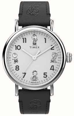 Timex Standaard peanuts sketch (40 mm) witte wijzerplaat / zwart lederen band TW2W45900