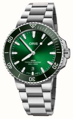 ORIS Aquis datum automatisch (41,5 mm) groene wijzerplaat / roestvrijstalen armband 01 733 7787 4157-07 8 22 04PEB
