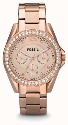 Fossil Riley dames | rosé gouden wijzerplaat | kristallen set | rosé gouden roestvrijstalen armband ES2811