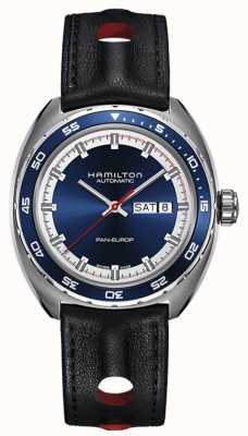 Hamilton Amerikaanse klassieke pan europ dag-datum automatisch (42 mm) blauwe wijzerplaat / zwart lederen band + nato band H35405741